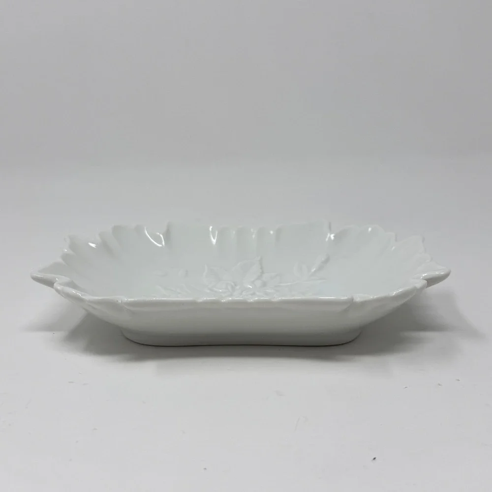 Vintage White Scalloped Porcelain Vanity Dish with Raised Floral Design – 6